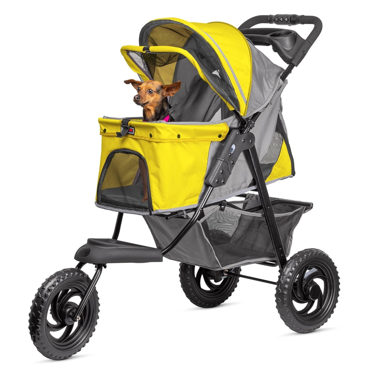Pet stroller with a dog inside on a white background