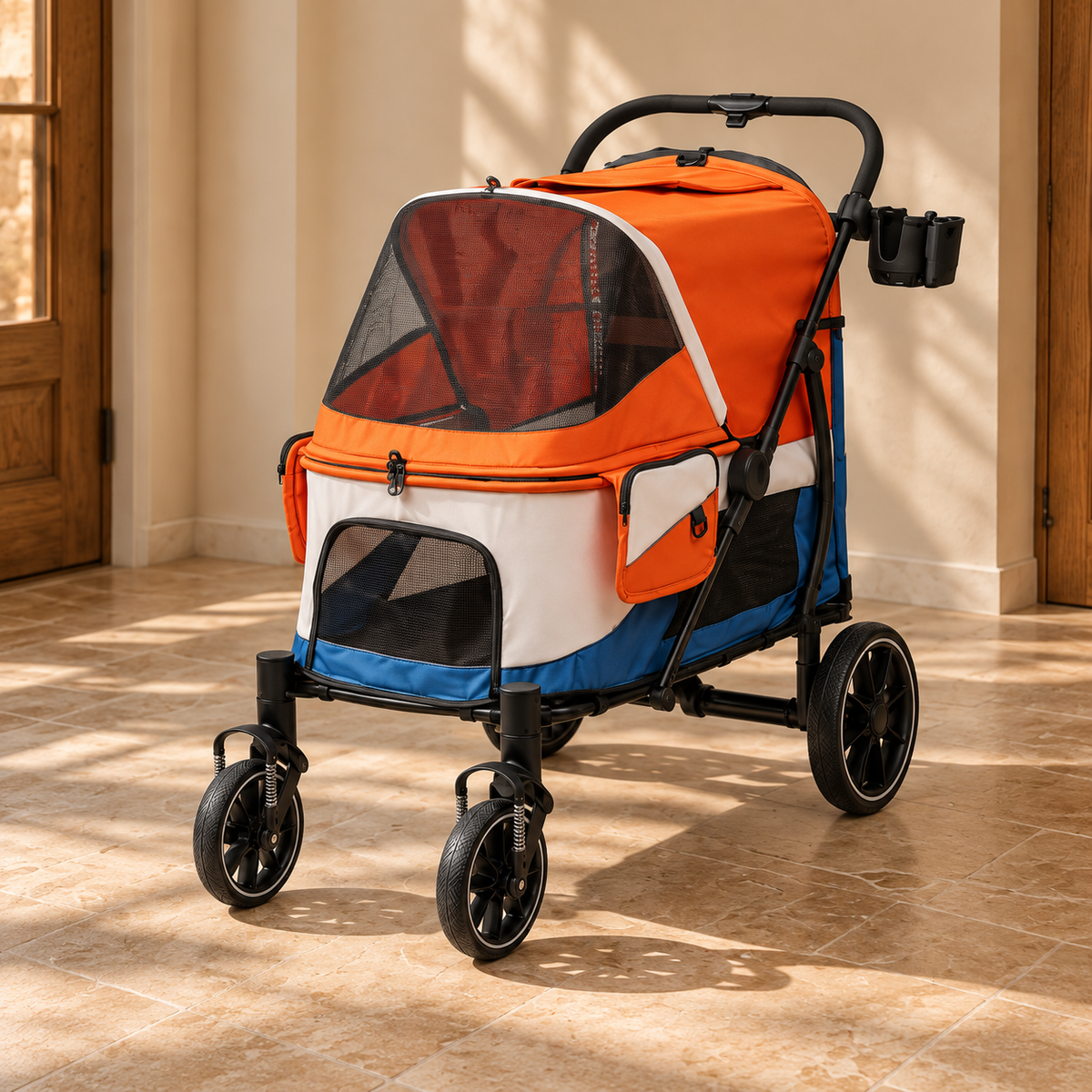 Orange and blue stroller shown open