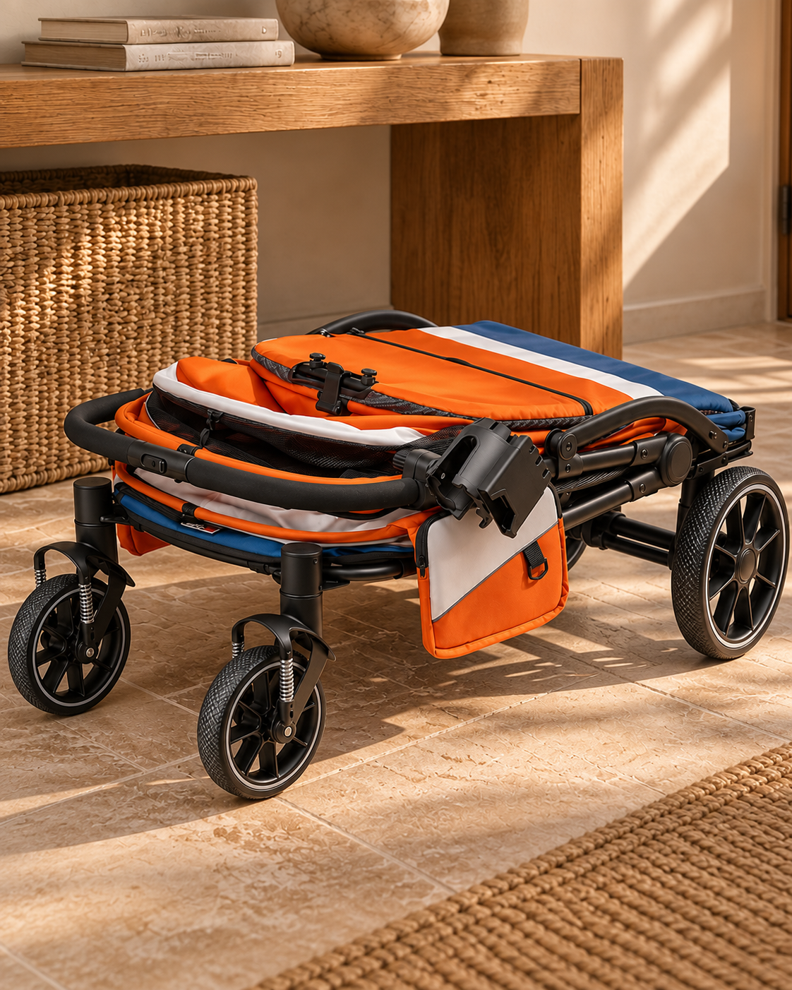 Orange and blue stroller folded flat in an entryway