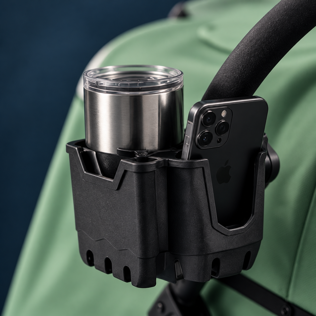 Cup and phone holder shown with a tumbler and phone
