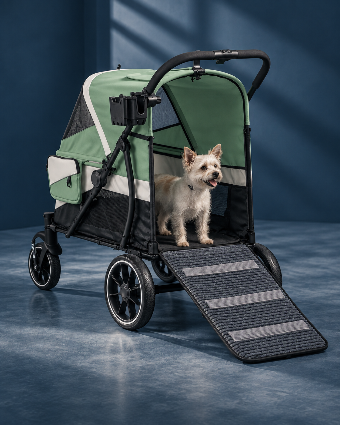 Sage stroller with its rear ramp open and a small dog in the cabin