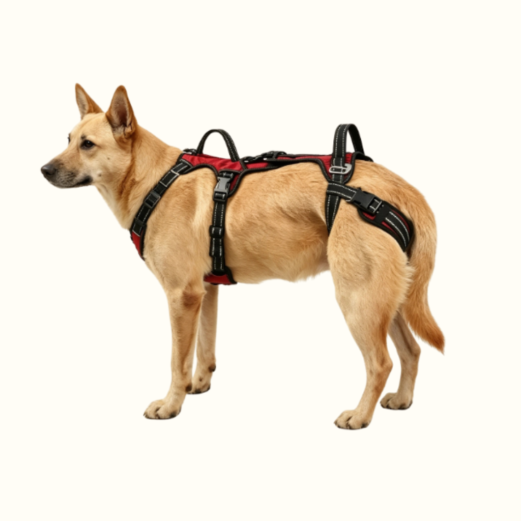 A tan dog standing in profile wearing a red and black harness against a plain off-white background.