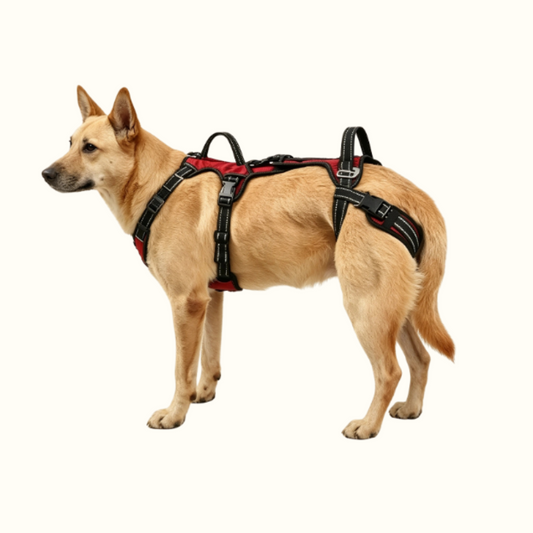 A tan dog standing in profile wearing a red and black harness against a plain off-white background.