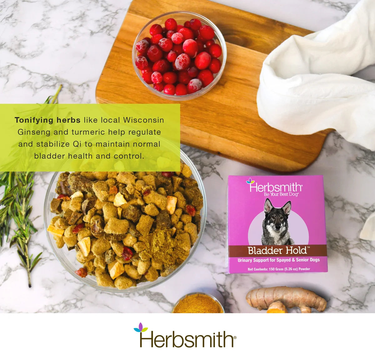 Herbsmith Bladder Hold herbal supplement packaging shown on a marble surface with bowls of wet and dry dog food, fresh cranberries, ginger, and herbs. A text box highlights tonic herbs like ginseng and turmeric for bladder health.