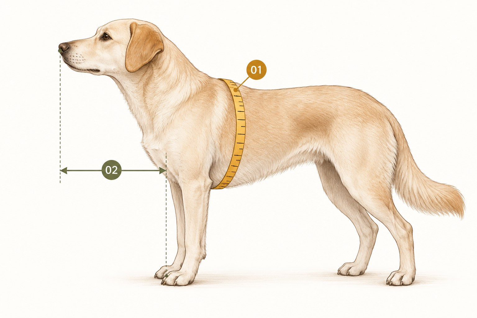Dog measuring guide: tape around the chest behind the front legs, and a horizontal line from chest to nose
