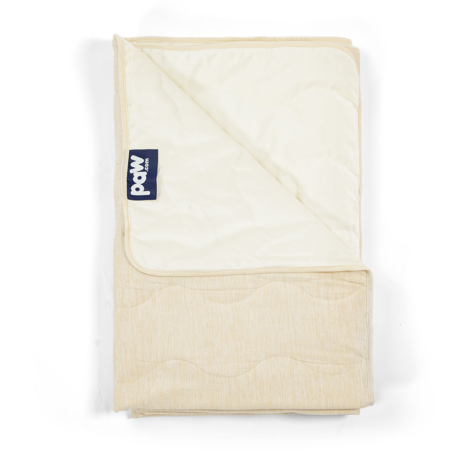 Folded beige blanket with a blue label on a white background