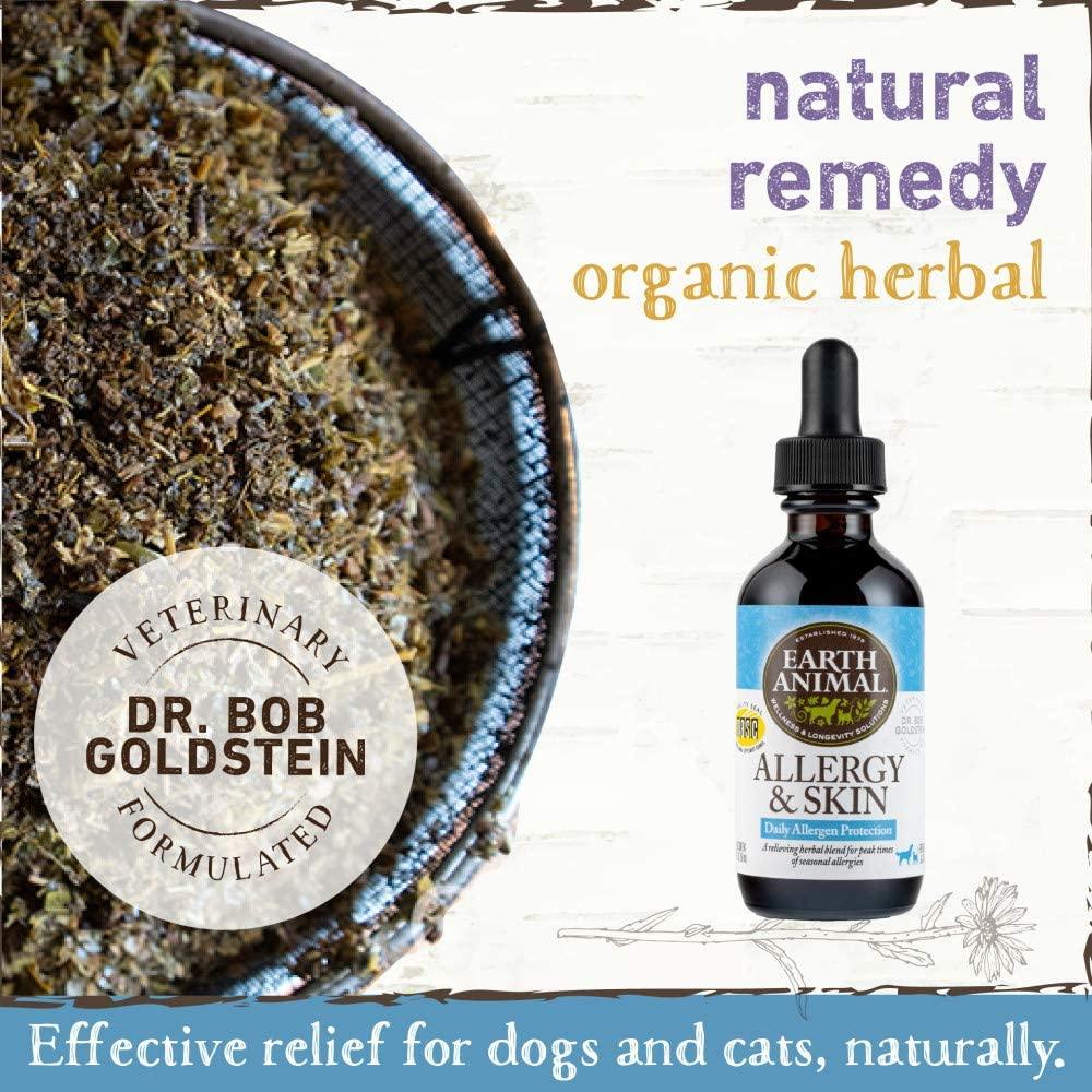 Earth Animal Allergy & Skin Remedy bottle and herbs