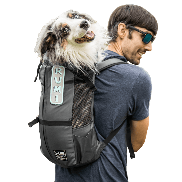 Man carrying an Australian Shepherd in backpack carrier in iron gate color