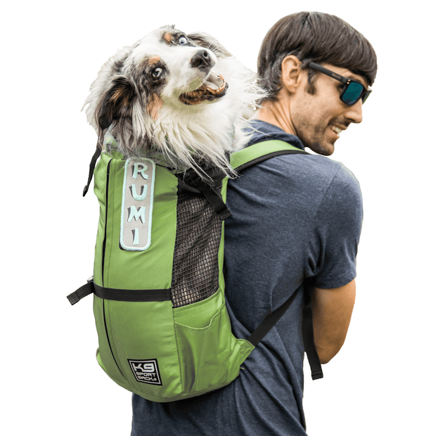 Man carrying an Australian Shepherd in backpack carrier in greenery color
