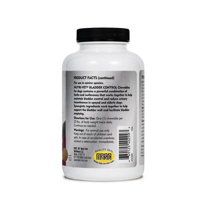 Nutri Vet Bladder control supplement for dogs back of the bottle