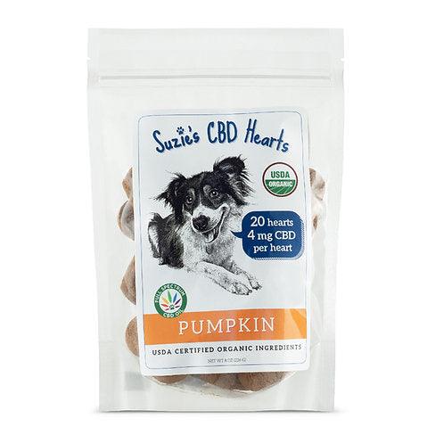 Bag of Suzie's CBD Heart treats pumpkin flavor