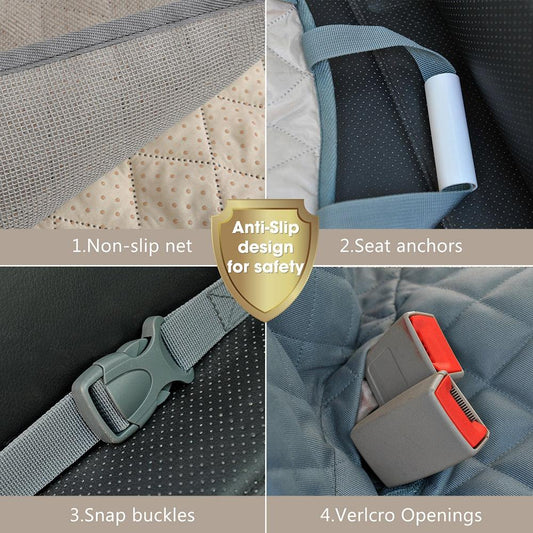 Dog Car Hammock featuring a non slip net, seat anchors, snap buckles and velcro openings