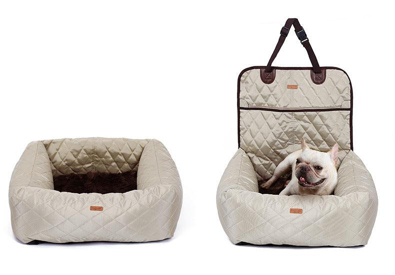 French Bulldog sitting in a dog car seat bed unfolded next to a dog car seat bed folded