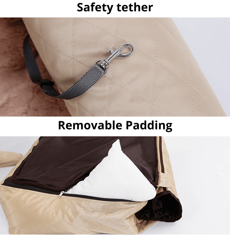 Safety tether and removable padding of dog car seat bed