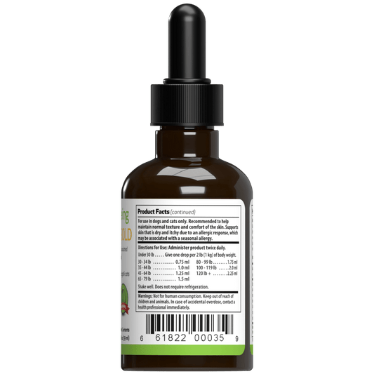 Pet Wellbeing Dog Supplement for Itchy Skin side of the bottle
