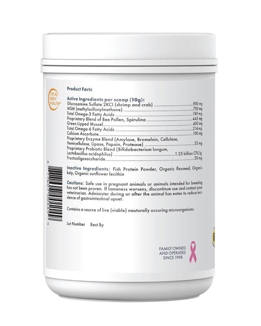 Wholistic Pet Organics Joint Mobility with Glucosamine and Green Lipped Mussel supplement for dogs back of container