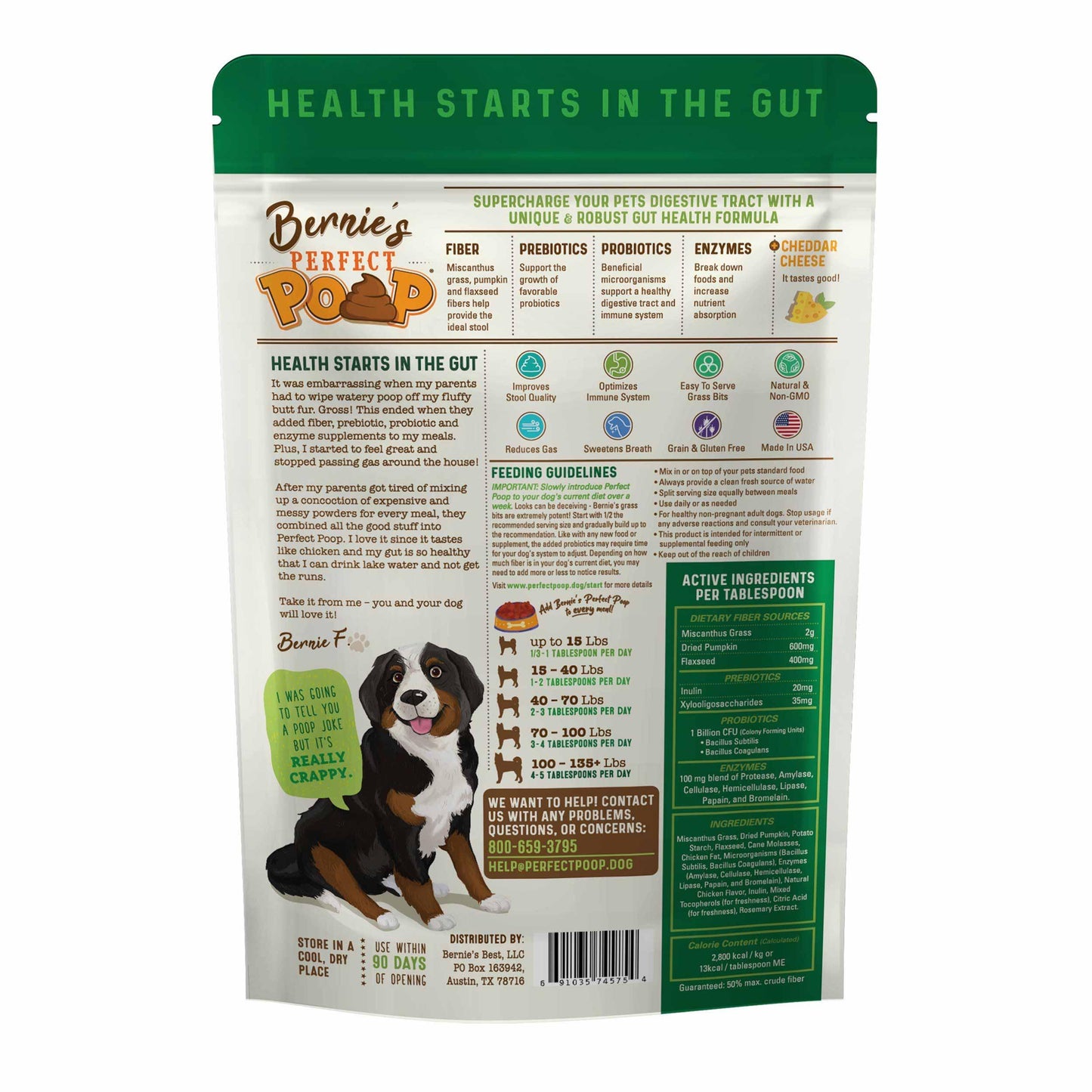 Bernie's perfect poop digestion support supplement back of the bag