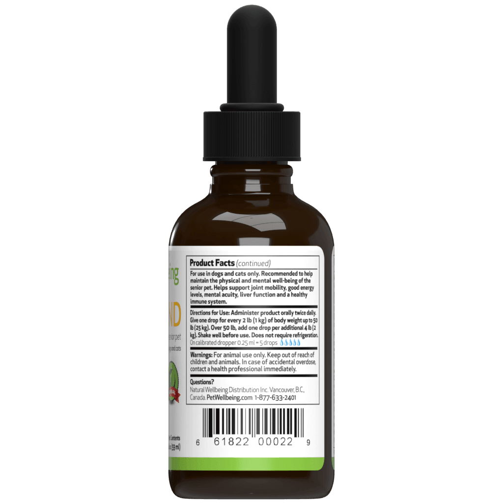 Pet Wellbeing Supplement for Senior Dogs side of the bottle