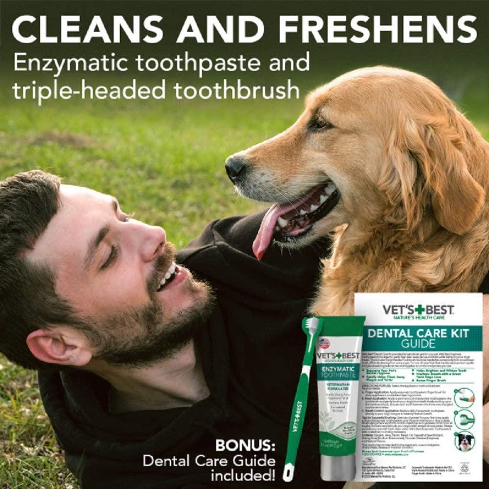Man and Golden Retriever with Vet's Best Dental Care Kit for dogs