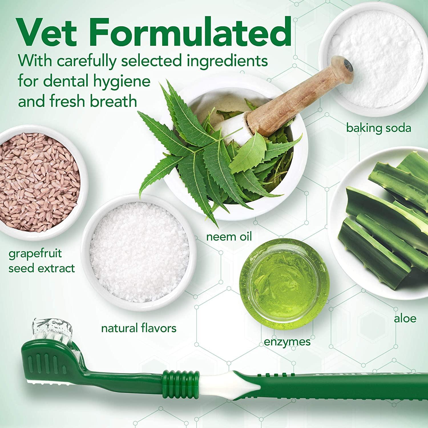 Baking Soda, Aloe, Enzymes, Natural Flavors, Grapefruit Seed Extract, Natural Flavors, Neem Oil and Dog Toothbrush